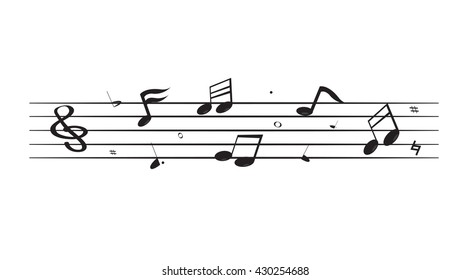 Black song notes floating on five lines isolated on white background