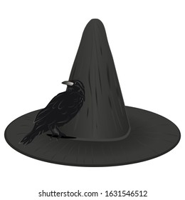 Black sorcerer hat with raven. Vector illustration