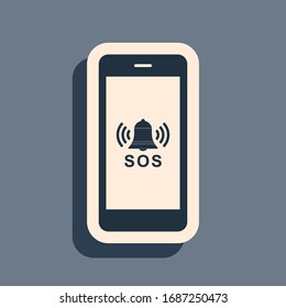 Black SOS call icon isolated on grey background. 911, emergency, help, warning, alarm. Long shadow style. Vector Illustration