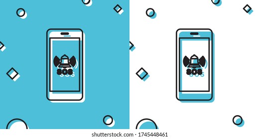 Icono de llamada SOS negro aislado en fondo azul y blanco. 911, emergencia, ayuda, advertencia, alarma. Formas dinámicas aleatorias. Ilustración vectorial