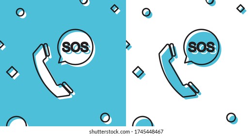 Das schwarze SOS-Rufzeichen ist auf blauem und weißem Hintergrund isoliert. 911, Notfall, Hilfe, Warnung, Alarm. Zufällige dynamische Formen. Vector Illustration