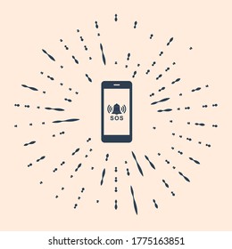 Black SOS call icon isolated on beige background. 911, emergency, help, warning, alarm. Abstract circle random dots. Vector Illustration