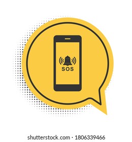 Schwarzes SOS-Rufsymbol einzeln auf weißem Hintergrund. 911, Notfall, Hilfe, Warnung, Alarm. Symbol für gelbe Sprachblase. Vektorgrafik.