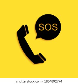Schwarzes SOS-Rufsymbol einzeln auf gelbem Hintergrund. 911, Notfall, Hilfe, Warnung, Alarm. Lange Schattenstil. Vektorgrafik.
