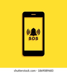 Icono de llamada SOS negro aislado en fondo amarillo. 