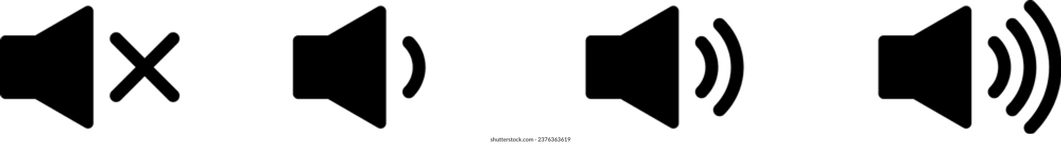 Black Sound Audio Control Sign Speaker Symbol Icon with No Sound and High Middle and Low Sound Level Set. Vector Image.