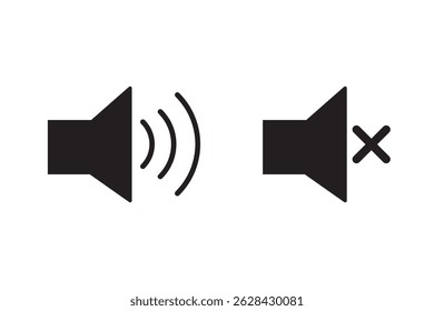 Black Sound Audio Control Sign Speaker Symbol Icon with No Sound and High Middle and Low Sound Level Set. Vector Image.