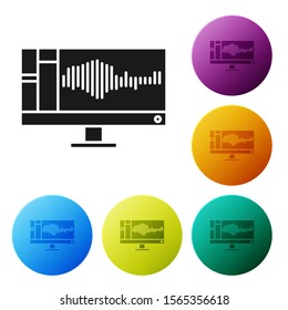 Black Sound or audio recorder or editor software on computer monitor icon isolated on white background. Set icons colorful circle buttons. Vector Illustration