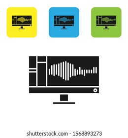 Black Sound or audio recorder or editor software on computer monitor icon isolated on white background. Set icons colorful square buttons. Vector Illustration