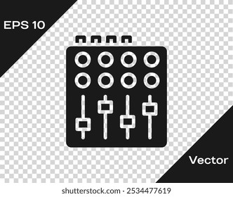 Icono de controlador de mezclador de sonido negro aislado sobre fondo transparente. Botones deslizantes para equipos de DJ. Consola de mezcla.  Vector