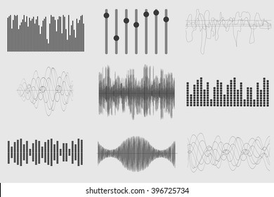 Black sound music waves on white background. Audio technology, visual musical pulse. Vector illustration.