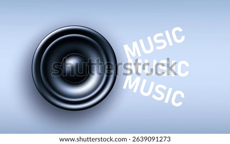 Black sound speaker. 3D vector boombox woofer and realistic radio receiver for podcast listen, music, voice assistant device. HiFi quality car acoustics. Realistic 3D Stereo audio system loudspeaker.