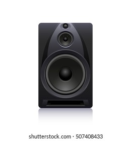 Black sound speaker on white background. Vector illustration. Realistic design.