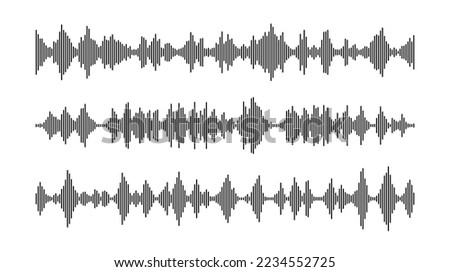 Black sound wave bars set. Music, podcast, audio track samples or voice messages. Equaliser elements collection. Diagram, chart or signal concepts. 