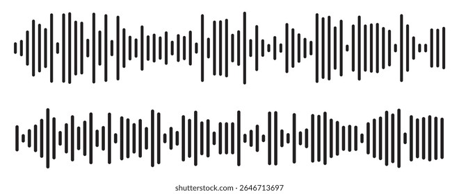 Ícone de onda de som preta. Linha de voz da onda sonora do podcast. Ícone de player de música de gravação. Faixa de conversação móvel. Ondas de som para mensagem de voz. Ícone de onda de áudio.Ondas do equalizador. Mensagem de voz e som 