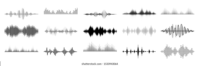 Черные звуковые волны. Абстрактная музыкальная волна, частота радиосигнала и цифровая визуализация голоса. Набор векторных настроек эквалайзера. Монохромные громкие звуковые линии, ритм звуковых волн, изолированный на белом фоне