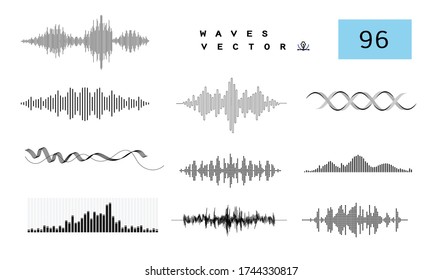 Olas de sonido negras. Ola de música abstracta, frecuencia de señal de radio y visualización de voz digital. Ajuste del conjunto de vectores de ecualizador. Líneas de audio de volumen monocromo, ritmo de ondas sonoras aisladas en fondo blanco