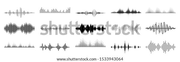 Black sound waves. Abstract music wave, radio\
signal frequency and digital voice visualisation. Tune equalizer\
vector set. Monochrome volume audio lines, soundwaves rhythm\
isolated on white\
background