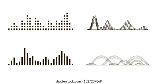 Black sound waves. Graphic design elements for financial monitoring, medical equipment, music app. Isolated vector illustration.