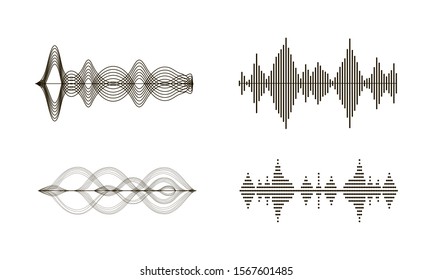 Black sound waves. Graphic design elements for financial monitoring, medical equipment, music app. Isolated vector illustration.