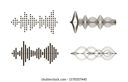 Black sound waves. Graphic design elements for financial monitoring, medical equipment, music app. Isolated vector illustration.