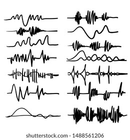Black sound waves. Music audio frequency, voice line waveform, electronic radio signal, volume level symbol handdrawn doodle cartoon style
