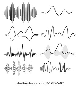 Black sound waves. Music audio frequency, voice line waveform, electronic radio signal, volume level symbol handdrawn doodle vector