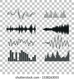 Black Sound Waves. Music Audio Frequency, Voice Line Shape, Volume Symbol. Transparent Background