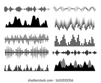 Black sound waves. Music audio frequency, voice line waveform, electronic radio signal, volume level symbol. Vector illustration