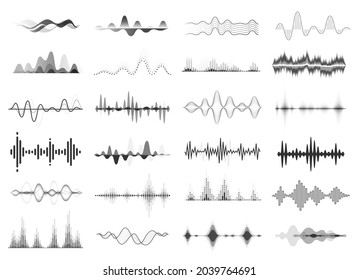 Black sound waves, music beat, audio equalizer. Abstract voice wave rhythm, radio waveform, digital soundwave visualization vector set. Melody player with sound amplitude, song display