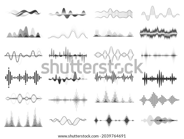Black\
sound waves, music beat, audio equalizer. Abstract voice wave\
rhythm, radio waveform, digital soundwave visualization vector set.\
Melody player with sound amplitude, song\
display