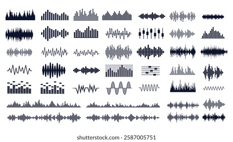 Black sound waves on white background - Music wave frequency or equaliser audio lines and digital voice volume visualisation vector set isolated illustrations