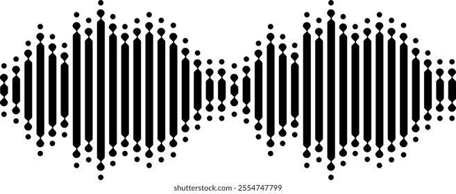 Black sound waves pulsating with energy, visualizing abstract music, radio signal frequency, and digital voice, forming a dynamic tune equalizer vector set against a clean white background