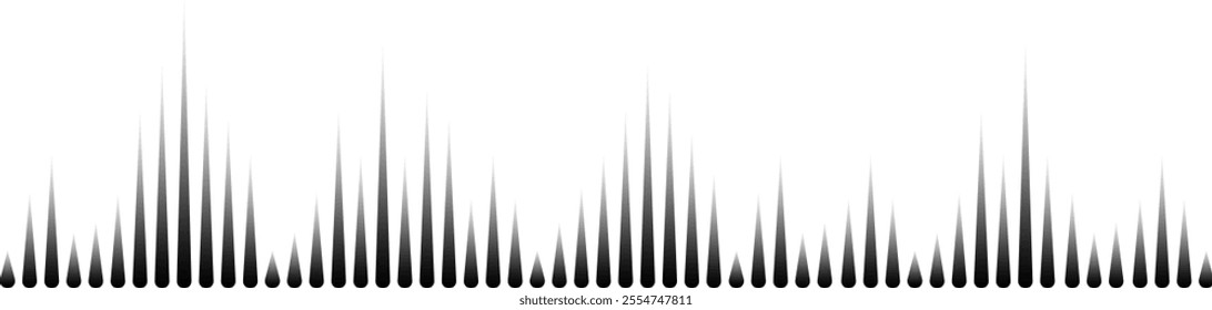 Black sound waves are visualized on white background, creating an abstract representation of music waves, radio signal frequency, or digital voice visualization, resembling a tune equalizer