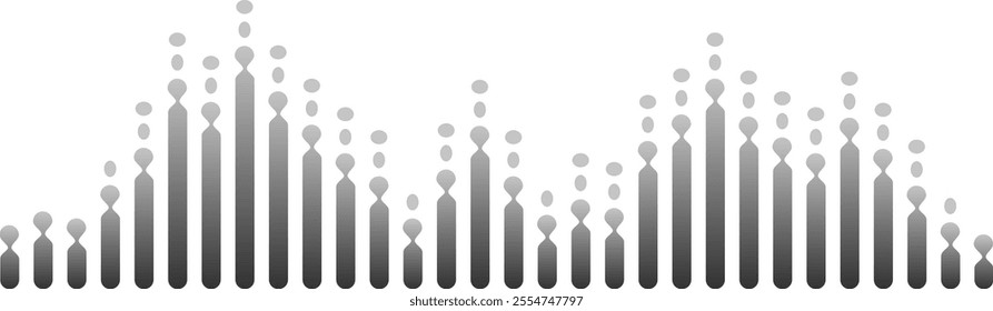 Black sound waves visualizing radio signal frequencies and digital voice tune equalizers against a clean white background, creating an abstract representation of audio technology and communication