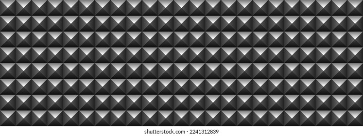 Black soundproofing wall texture. Gray sound proof foam pyramid seamless pattern. Music studio dark background. Realistic blogger podcast room interior. Soft foam tile for radio station. Record panel