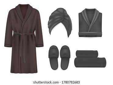 Black spa clothing mockup set, vector illustration isolated on white background. Terry towels, fluffy bathrobe and slippers. Realistic spa apparel and accessories.