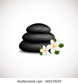 Black Spa Stones with white frangipani flowers logo design. Can be used for spa, yoga, massage center,wellness, beauty salon and medicine company