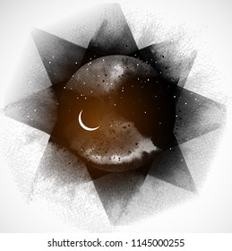 Black space background with stars and crescent moon