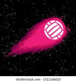 Black space background with white stars and grunge pink water polo ball comet