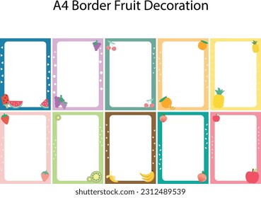 black space with cute a4 border frame illustration clipart for kids or worksheet with fruit decoration