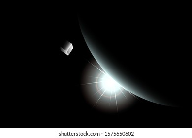 Black space with a luminous cube and star appearing from behind the planet EPS10