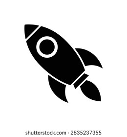 Black space rocket silhouette icon with a circular window and fire exhaust flame for startup, launch, exploration, and technology themes
