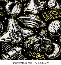 Black space seamless background in vintage style with design elements such as space rover, astronaut helmet, satellite, moon, planets, shuttle