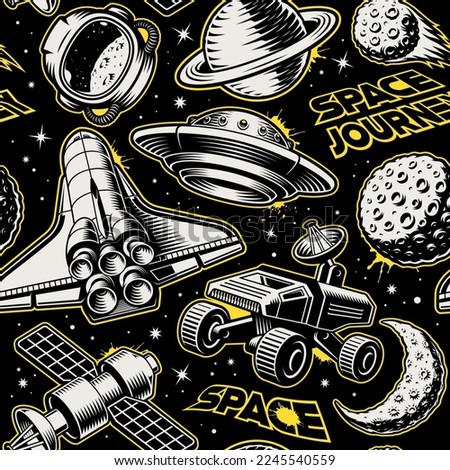 Black space seamless background in vintage style with design elements such as space rover, astronaut helmet, satellite, moon, planets, shuttle
