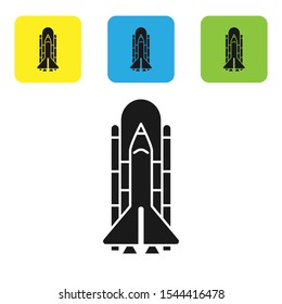 Black Space shuttle and rockets icon isolated on white background. Set of colorful square icon buttons. Vector Illustration
