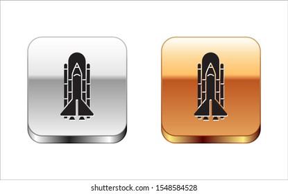 Black Space shuttle and rockets icon isolated on white background. Silver-gold square button. Vector Illustration