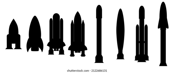 Black spaceships on a white background. Silhouettes of heavy rocket and space shuttles. Two-stage rocket launch vehicle. Rocket design for posters, banners and promotional items. Vector illustration