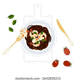 Black spaghetti pasta dish with red tomato sauce, fresh shrimp, knife and fork, delicious and refreshing, top view, delicious food vector illustration set for menu design, poster and background.
