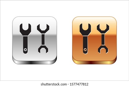 Black Spanner icon isolated on white background. Silver-gold square button. Vector Illustration